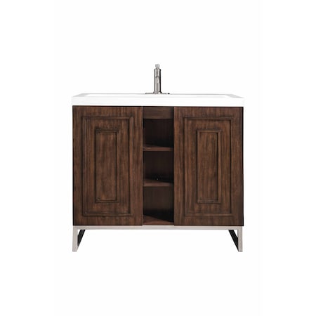 James Martin Vanities Alicante 39.5in Single Vanity, Mid-Century Acacia, Brushed Nickel W/White Glossy Composite Stone Top E110V39.5MCABNKWG